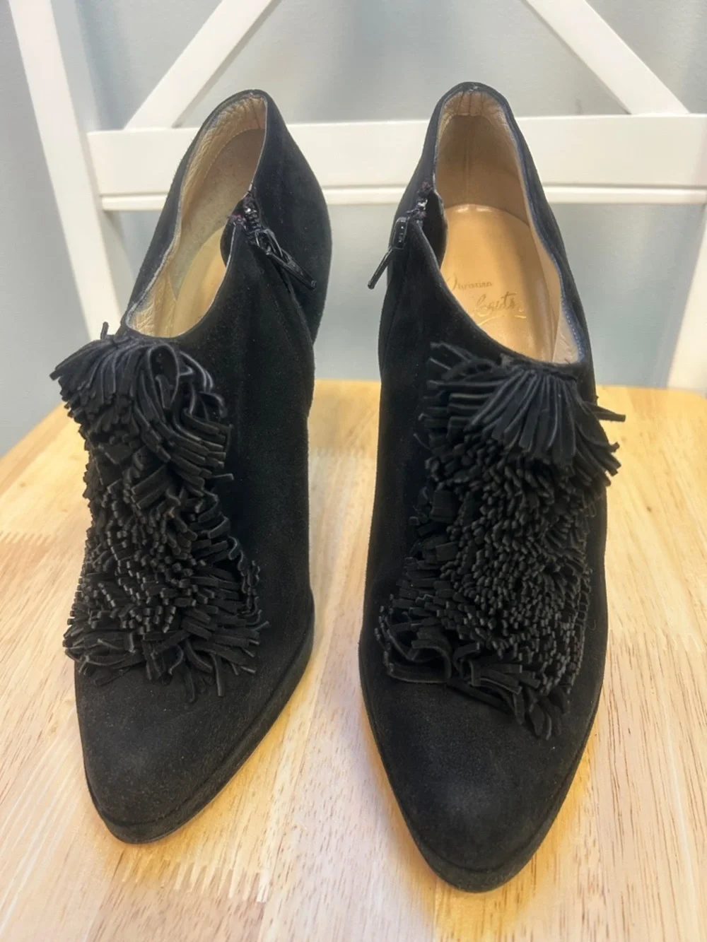 Authentic Christian Louboutin Goya Suede Fringe Black Bootie 10 US w/ Shoe Bags